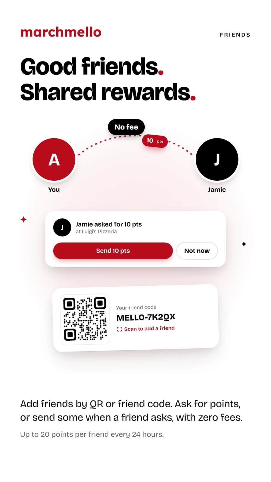 “Good friends. Shared rewards.” — a friend asking for 10 points with no fee, and a friend code with its QR code.