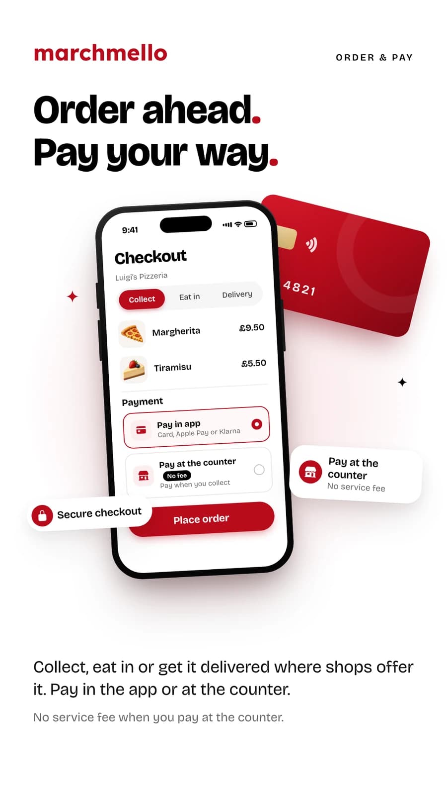 “Order ahead. Pay your way.” — checkout with collect, eat in or delivery, paying in the app or at the counter with no service fee.
