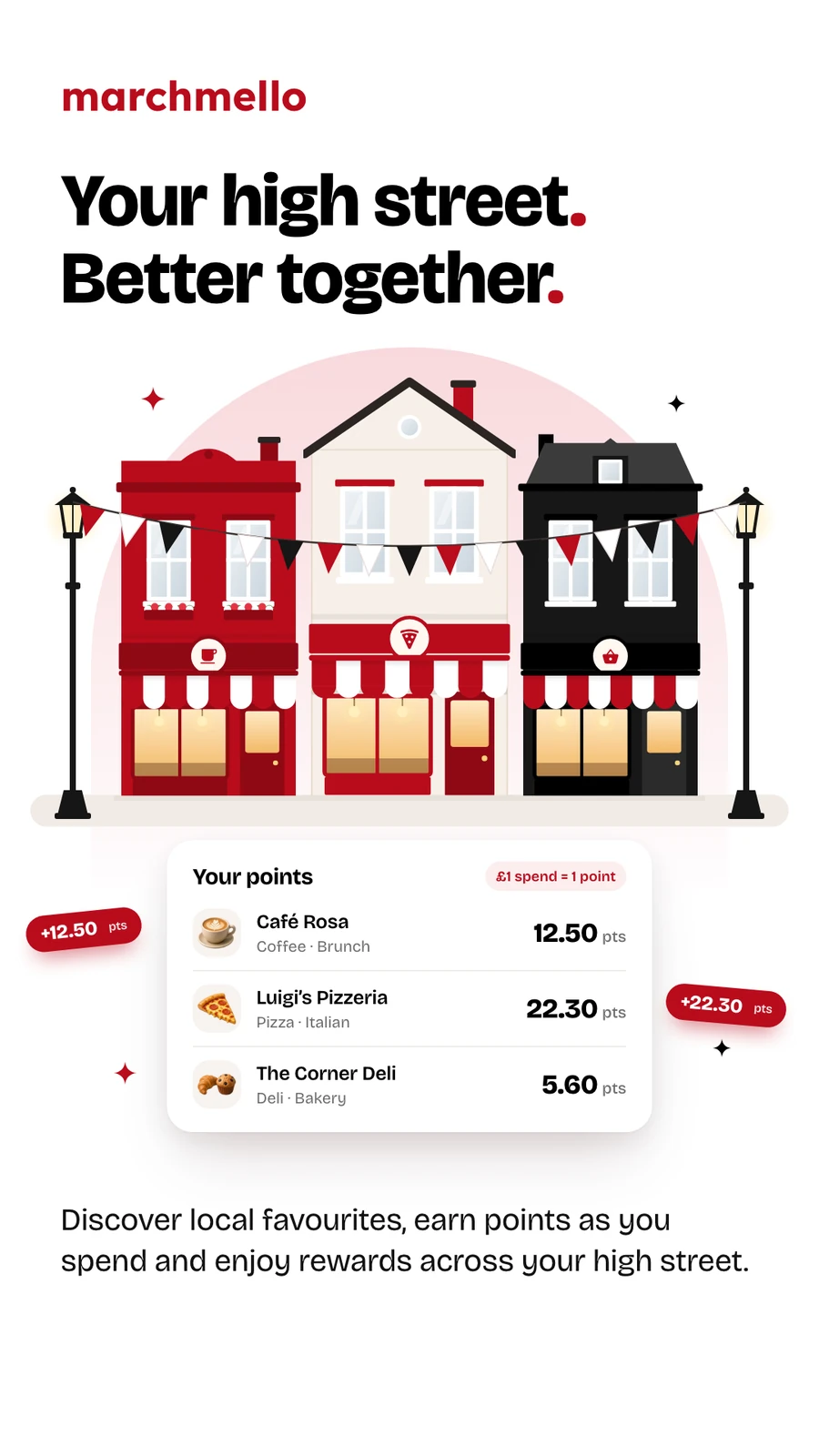 “Your high street. Better together.” — three local shops with homes above, bunting between two street lamps, and a points card showing a separate balance at each venue.