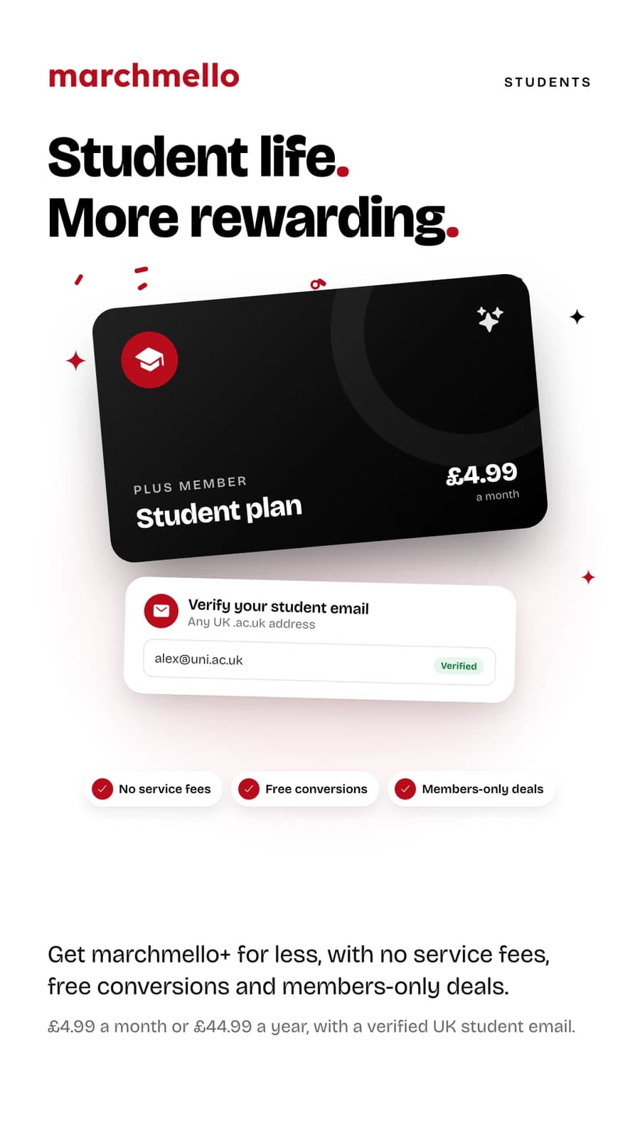 “Student life. More rewarding.” — a marchmello+ Student card at £4.99 a month, with student email verification.