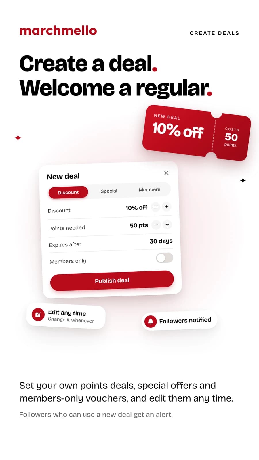 “Create a deal. Welcome a regular.” — setting up a 10% off deal that costs 50 points, with followers notified.