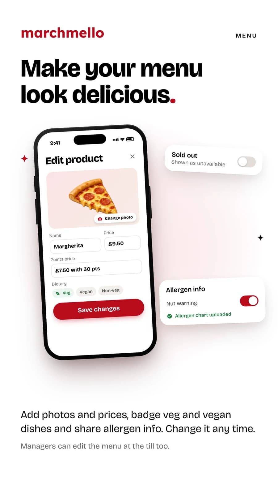 “Make your menu look delicious.” — editing a dish's photo, price, points price and dietary badge, beside the sold-out switch and allergen settings.