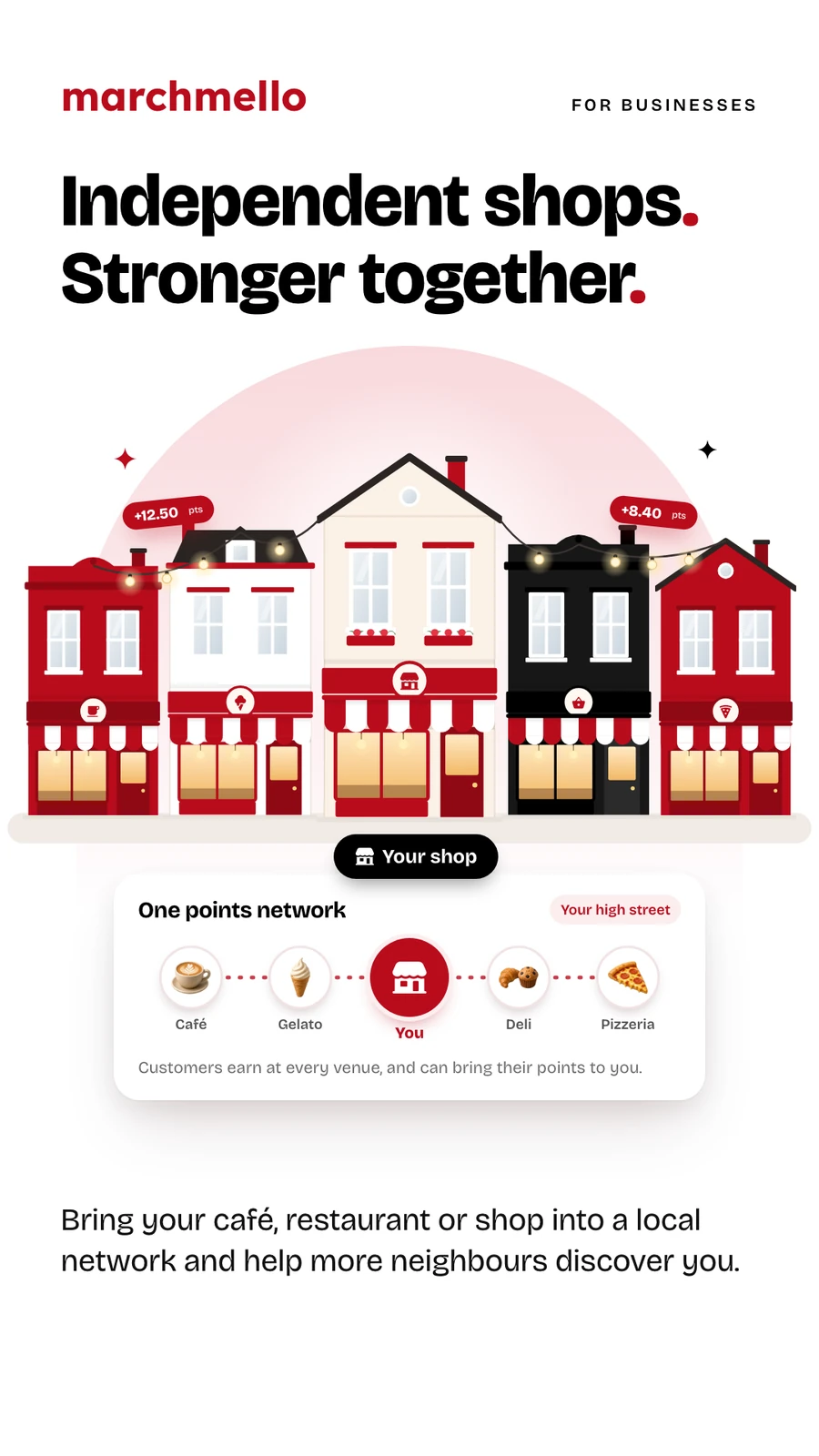“Independent shops. Stronger together.” — a street of independent shops linked by festoon lights, with your shop at the centre of one points network.