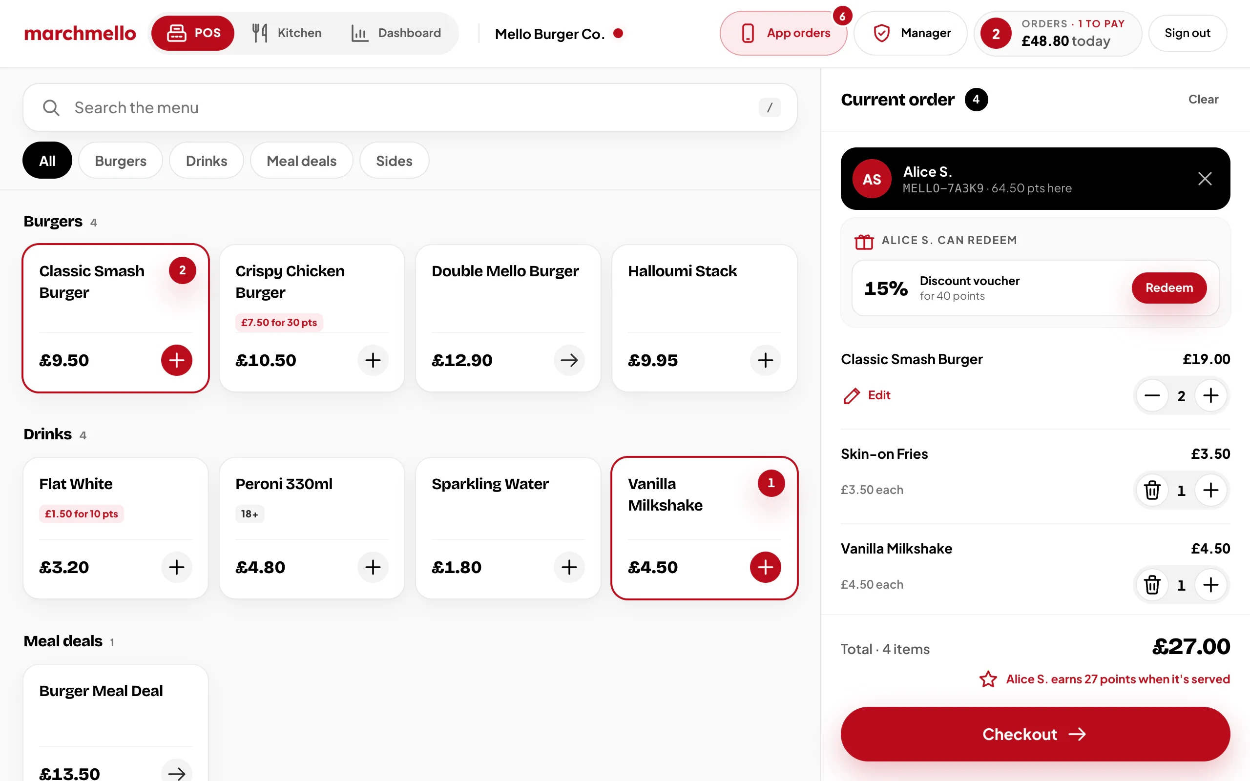The marchmello POS Till mid-sale: menu keys grouped by category on the left, and on the right the current order for Alice S., showing her MELLO code, 64.50 points, a 15% voucher she can redeem, a £27.00 total and the Checkout button.